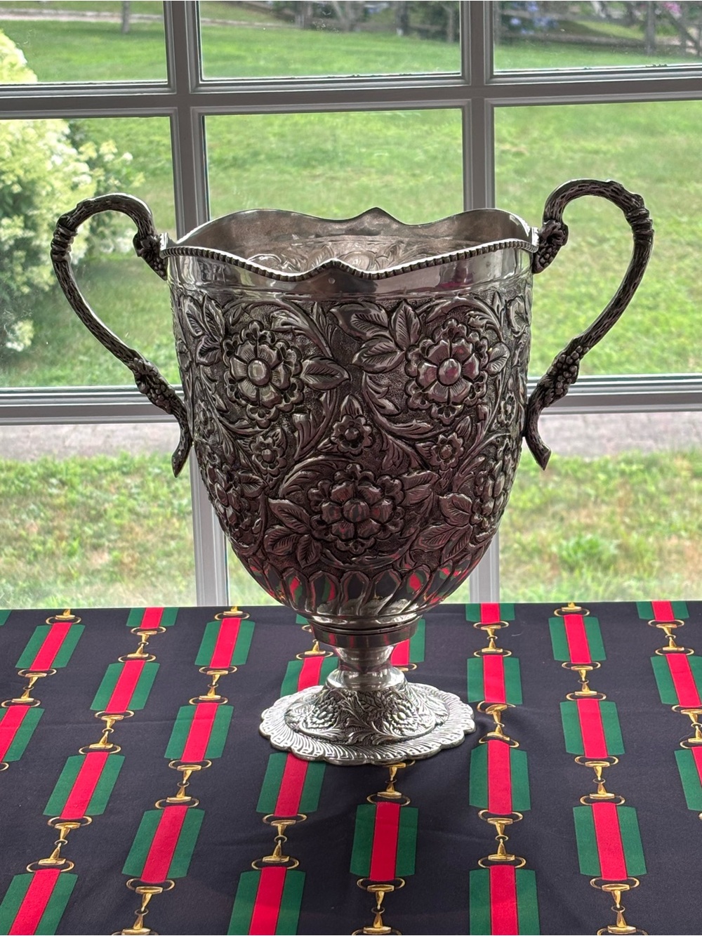 Ornate Floral Silver Champagne Cooler with Handles
